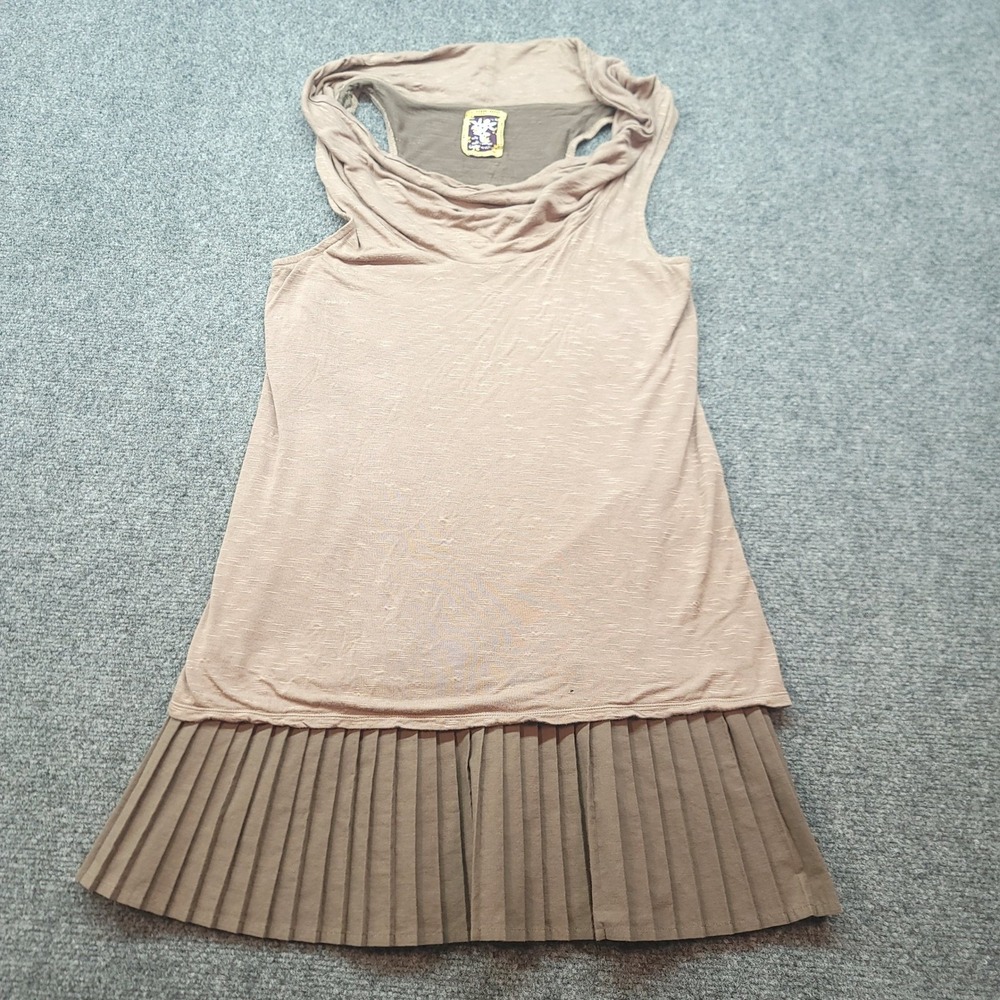 Free People Cowl Neck Pleated Hem Mini Dress M Clay Olive Slub Knit Racerback